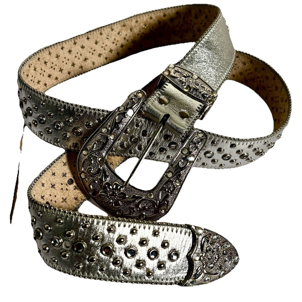 Bling Studded Italian Leather Belt 34 36 L Rhinestone Flower Beaded B30103 Rodeo